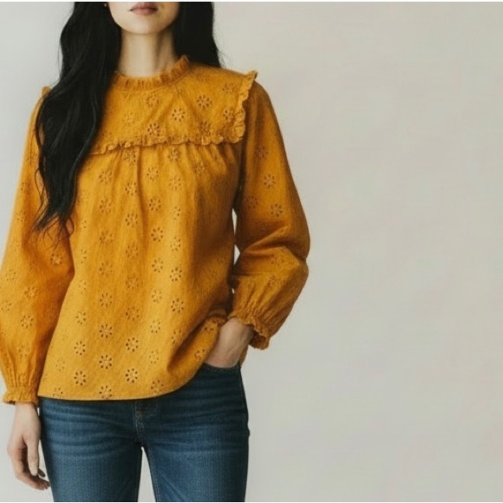 J.Crew | Ruffleneck Eyelet-Yoke Long‎ Sleeve Blouse Lace Marigold Yellow Small